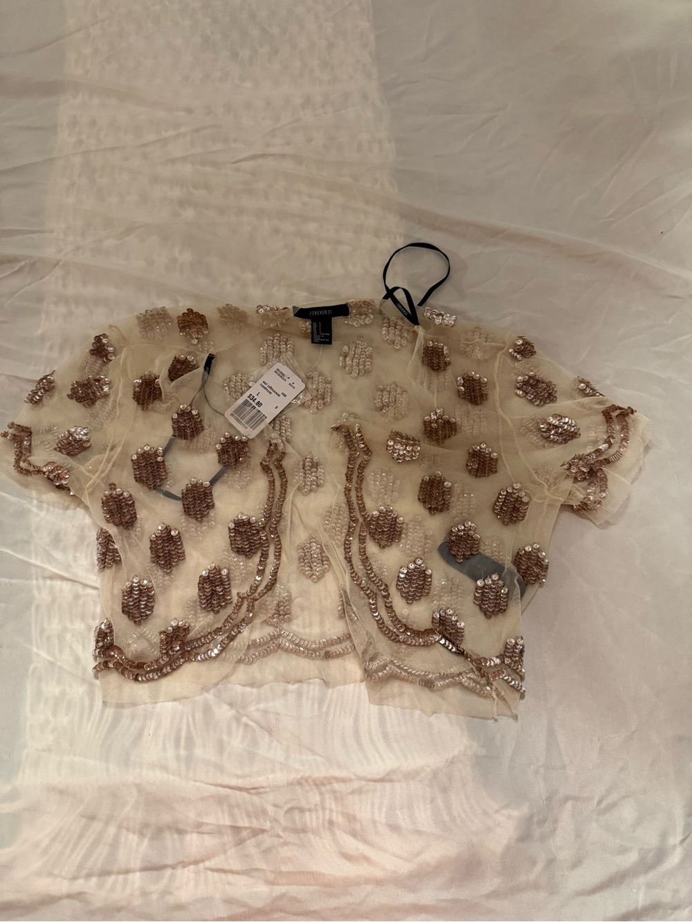 Forever 21 Sequin Embellished Sheer Cream Crop Top